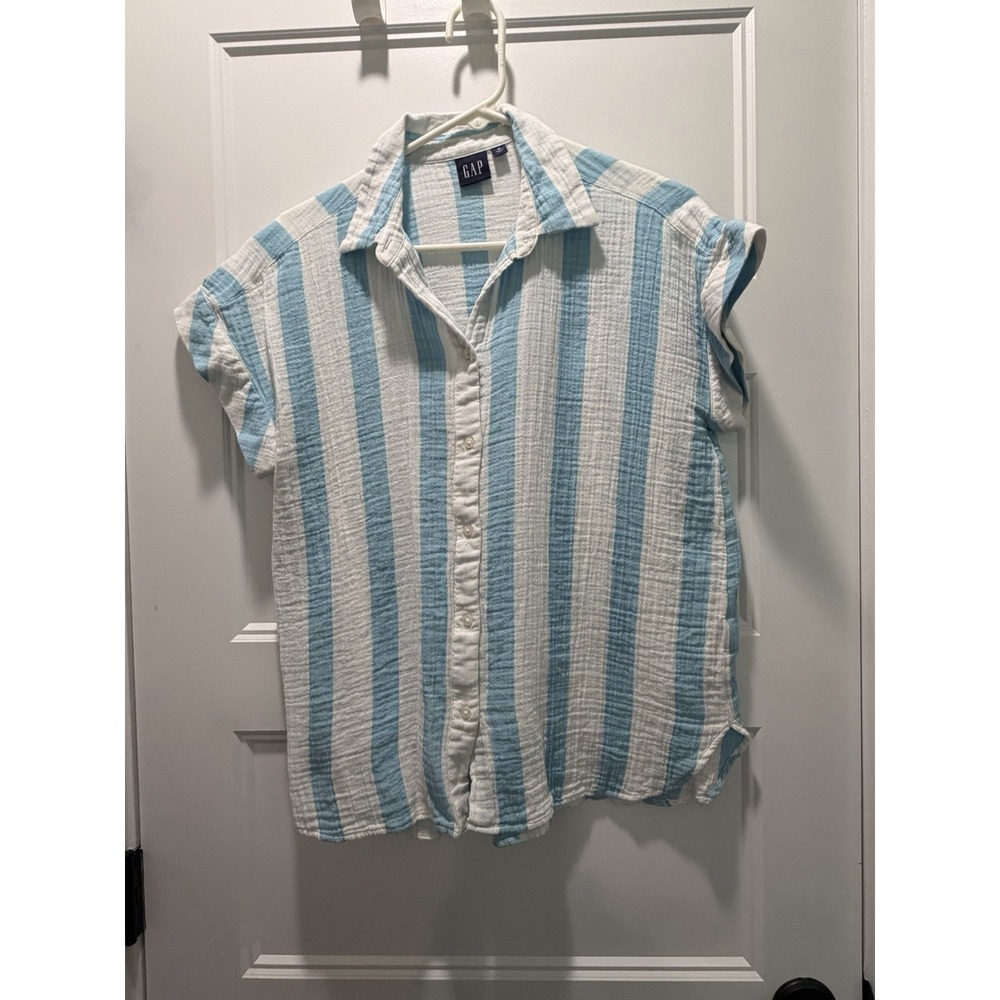 GAP Crinkle Gauze Shirt Womens Medium M Aqua White Stripe Oversized Cotton Top